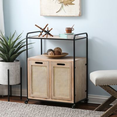 Image showing  Mobile Natural Wood Double Tilt-Out Laundry Hamper and Storage Cabinet, Brown/Black