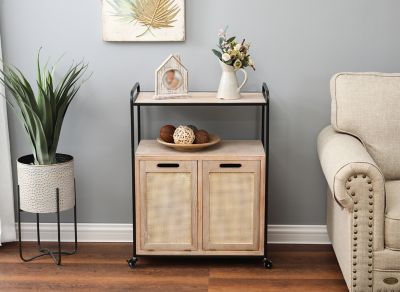 Image showing  Mobile Natural Wood Double Tilt-Out Laundry Hamper and Storage Cabinet, Brown/Black