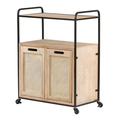 Image showing  Mobile Natural Wood Double Tilt-Out Laundry Hamper and Storage Cabinet, Brown/Black