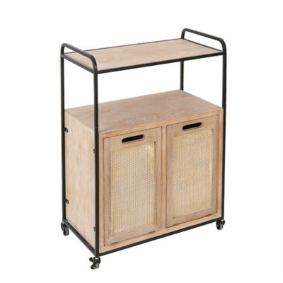 Image showing  Mobile Natural Wood Double Tilt-Out Laundry Hamper and Storage Cabinet, Brown/Black