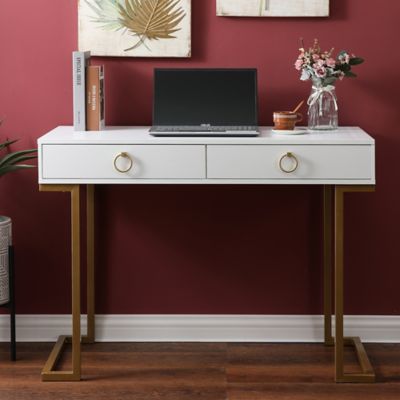 Luxenhome Modern White Manufactured Wood With Gold Legs 2-Drawer Writing Desk, Whif1440