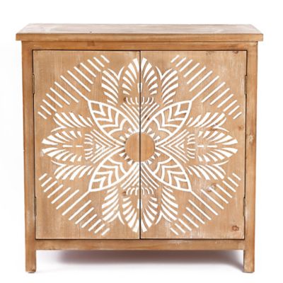 LuxenHome Natural Wood Floral 2-Door Storage Cabinet, WHIF1600