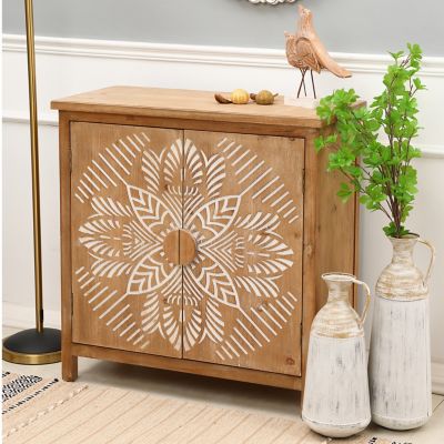 Image showing  32.48 in. x 31.5 in. x 14.96 in. 2-Door Natural Wood Floral Storage Cabinet