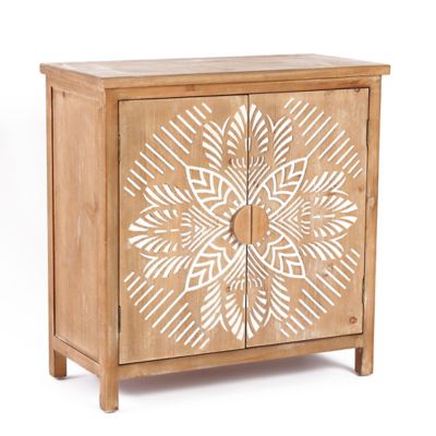 Image showing  32.48 in. x 31.5 in. x 14.96 in. 2-Door Natural Wood Floral Storage Cabinet