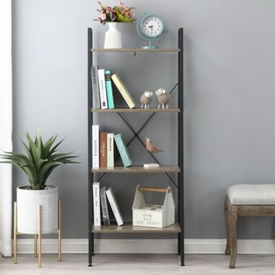 Image showing  4-Shelf Wood and Metal Ladder Bookcase, Brown/Black