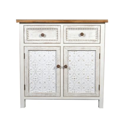 LuxenHome Distressed White Wood 2-Drawer 2-Door Storage Cabinet, WHIF754