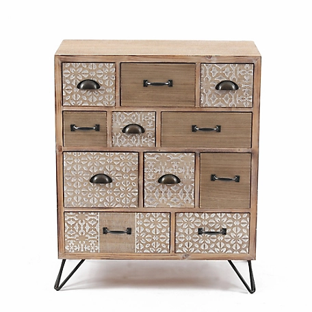 LuxenHome 11-Drawer 33.5 in. x 27.6 in. Natural Wood Apothecary Chest, WHIF756