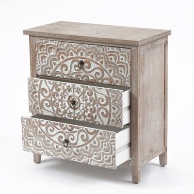 Image showing  3-Drawer Rustic Floral Carved Wood Accent Chest, 28.5 in.