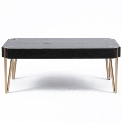 LuxenHome 46 in. Manufactured Wood Veneer and Gold Metal Coffee Table, Black, WHIF787