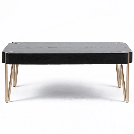 LuxenHome 46 in. Manufactured Wood Veneer and Gold Metal Coffee Table, Black, WHIF787