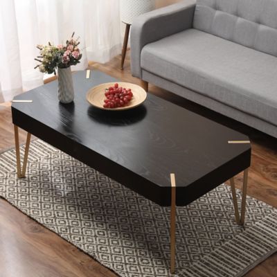 Image showing  Rectangular Manufactured Wood Veneer and Metal Coffee Table, 46 in., Black/Gold