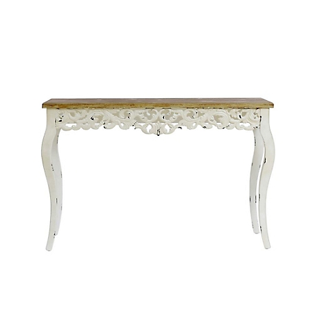 LuxenHome Victorian Off White and Natural Wood Console and Entry Table, WHIF788