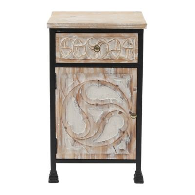LuxenHome Black Metal Frame and Carved Wood 1-Door 1-Drawer End Table with Storage, WHIF950