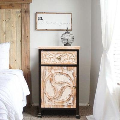 Image showing  Metal Frame and Carved Wood End Table with 1 Door/1 Drawer, Black