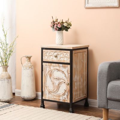 Image showing  Metal Frame and Carved Wood End Table with 1 Door/1 Drawer, Black