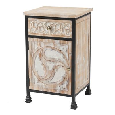 Image showing  Metal Frame and Carved Wood End Table with 1 Door/1 Drawer, Black