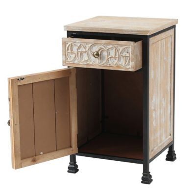 Image showing 5 th LuxenHome Metal Frame and Carved Wood End Table with 1 Door/1 Drawer, Black
