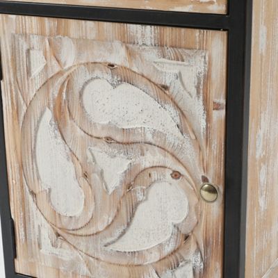 Image showing 6 th LuxenHome Metal Frame and Carved Wood End Table with 1 Door/1 Drawer, Black