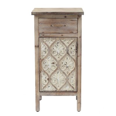 LuxenHome Damask Carved Wood 1-Door 1-Drawer End Table with Storage, WHIF951