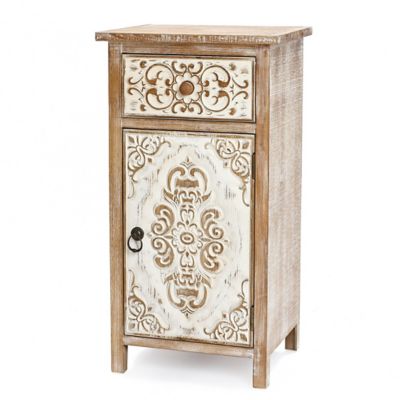 Image showing  Floral Carved Wood End Table with 1 Door/1 Drawer