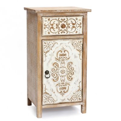 Image showing  Floral Carved Wood End Table with 1 Door/1 Drawer