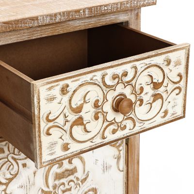 Image showing 5 th LuxenHome Floral Carved Wood End Table with 1 Door/1 Drawer