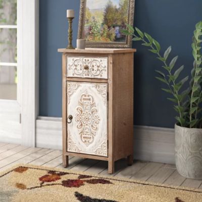 Image showing 8 th LuxenHome Floral Carved Wood End Table with 1 Door/1 Drawer