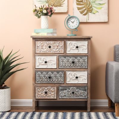 Image showing  32.25 in. x 25.75 in. 8-Drawer Rustic Carved Wood Accent Chest