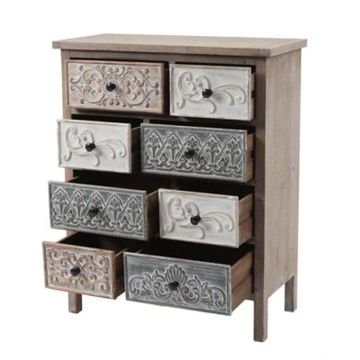 Image showing  32.25 in. x 25.75 in. 8-Drawer Rustic Carved Wood Accent Chest