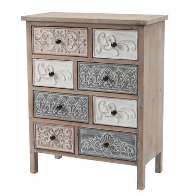 Image showing  32.25 in. x 25.75 in. 8-Drawer Rustic Carved Wood Accent Chest