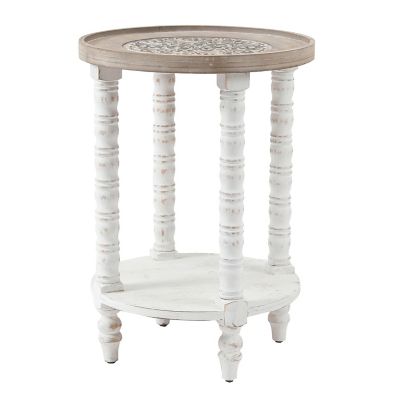 LuxenHome White and Natural Wood Round Accent Side Table with Storage, WHIF955