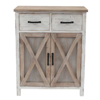 LuxenHome Farmhouse White and Natural Wood 2-Drawer 2-Door Storage Cabinet, WHIF956