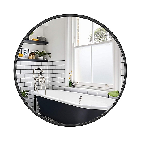 Kinger Home Sage Round Brushed Black Aluminum Modern Wall Mirror, 32 in. x 32 in.