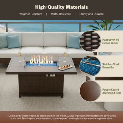 Image showing  52 in. Novi Rectangle Propane Gas Fire Pit Table with Aluminum/Rattan Wicker Frame, 50,000 BTU, Brown