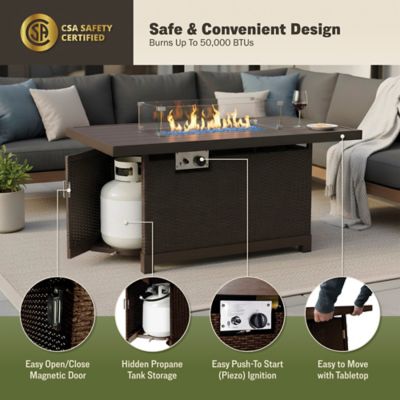 Image showing  52 in. Novi Rectangle Propane Gas Fire Pit Table with Aluminum/Rattan Wicker Frame, 50,000 BTU, Brown