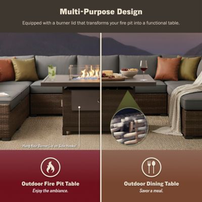 Image showing  52 in. Novi Rectangle Propane Gas Fire Pit Table with Aluminum/Rattan Wicker Frame, 50,000 BTU, Brown