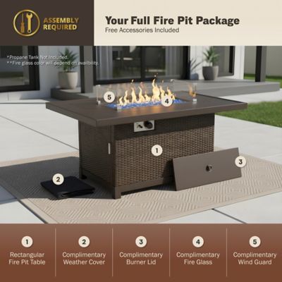 Image showing  52 in. Novi Rectangle Propane Gas Fire Pit Table with Aluminum/Rattan Wicker Frame, 50,000 BTU, Brown