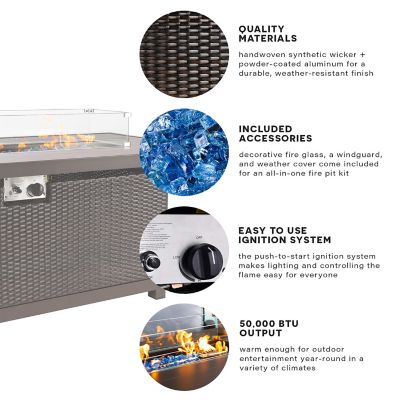 Image showing  52 in. Novi Fire Pit Table Wicker Rattan Outdoor Patio Conversation Set, Brown/Red Cushions, 5 pc.