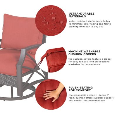 Image showing  52 in. Novi Fire Pit Table Wicker Rattan Outdoor Patio Conversation Set, Brown/Red Cushions, 5 pc.