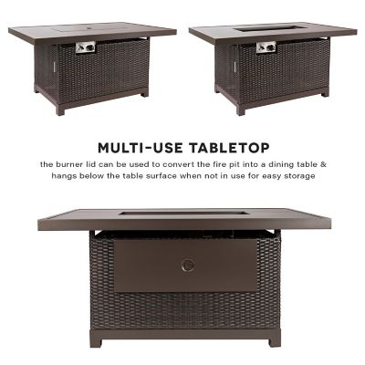 Image showing  52 in. Novi Fire Pit Table Wicker Rattan Outdoor Patio Conversation Set, Brown/Red Cushions, 5 pc.