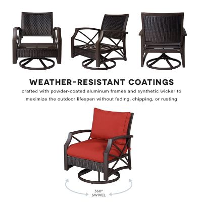 Image showing  52 in. Novi Fire Pit Table Wicker Rattan Outdoor Patio Conversation Set, Brown/Red Cushions, 5 pc.