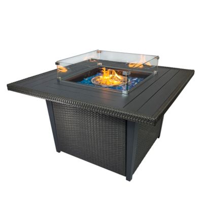 Kinger Home 42 in. Ethan Square Propane Gas Fire Pit Table with Aluminum/Rattan Wicker Frame, 50,000 BTU, Grey