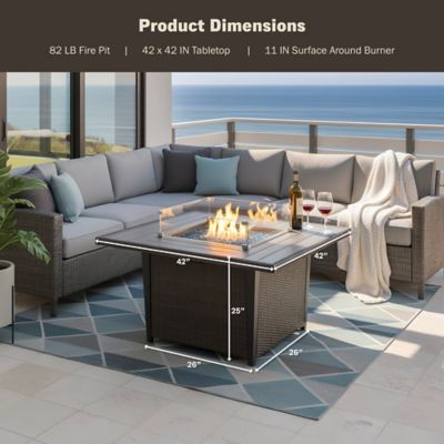 Image showing 5 th Kinger Home 42 in. Ethan Square Propane Gas Fire Pit Table with Aluminum/Rattan Wicker Frame, 50,000 BTU, Grey