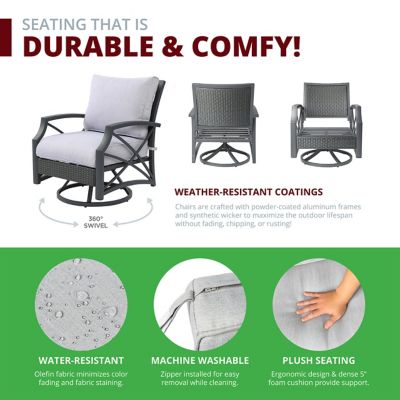 Image showing 7 th Kinger Home 42 in. Ethan Fire Pit Table Wicker Rattan Outdoor Patio Conversation Set, Grey, 5 pc.