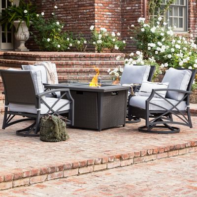 Image showing 8 th Kinger Home 42 in. Ethan Fire Pit Table Wicker Rattan Outdoor Patio Conversation Set, Grey, 5 pc.