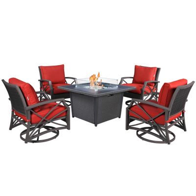 Kinger Home 42 in. Ethan Fire Pit Table Rattan Wicker Outdoor Patio Conversation Set, Gray/Red, 5 pc.