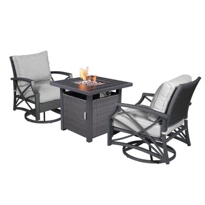 Kinger Home 28 in. Lark Fire Pit Table Wicker Rattan Patio Conversation Set, Grey/Grey Cushions, 3 pc.