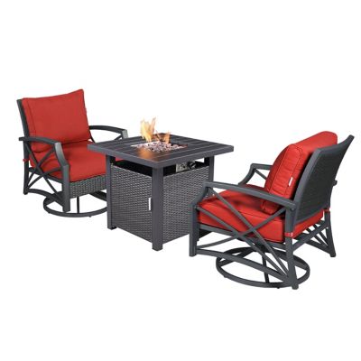 Kinger Home 28 in. Lark Fire Pit Table Wicker Rattan Patio Conversation Set, Cushions, 3 pc.