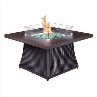 Kinger Home 42 in. Ethan Square Propane Gas Fire Pit Table with Aluminum/Rattan Wicker Frame, 50,000 BTU, Brown