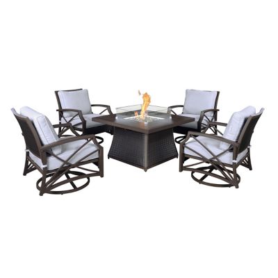 Kinger Home 42 in. Ethan Fire Pit Table Rattan Wicker Outdoor Patio Conversation Set, Brown, 5 pc.